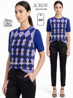 J.Crew Collection NWT embellished argyle short sleeve sweater shop@iamwarrior